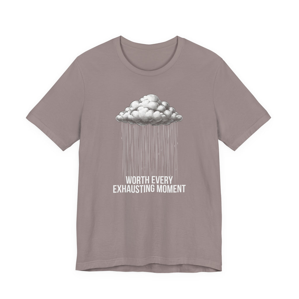 T-shirt with cloud and raindrop design on a white background