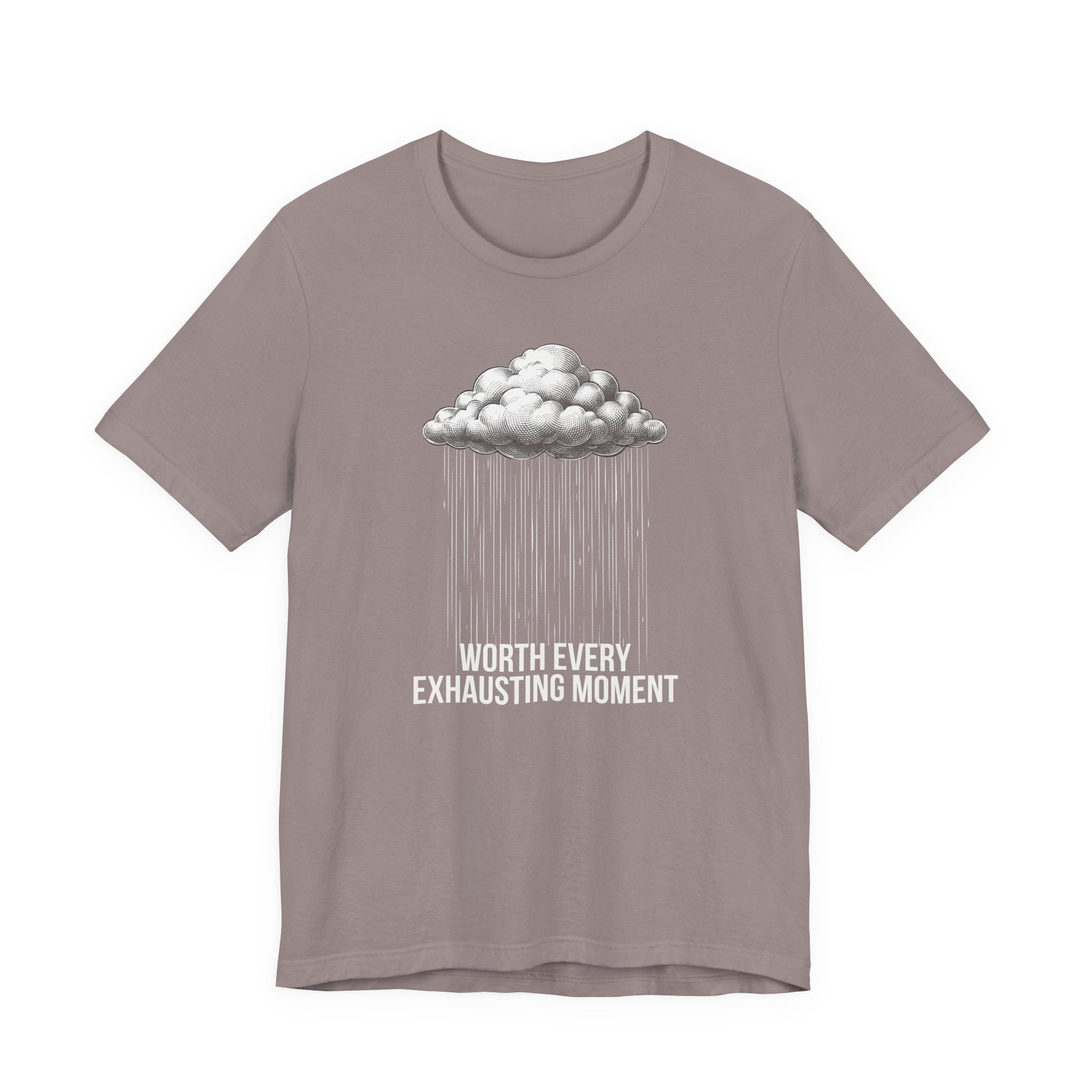 T-shirt with cloud and raindrop design on a white background