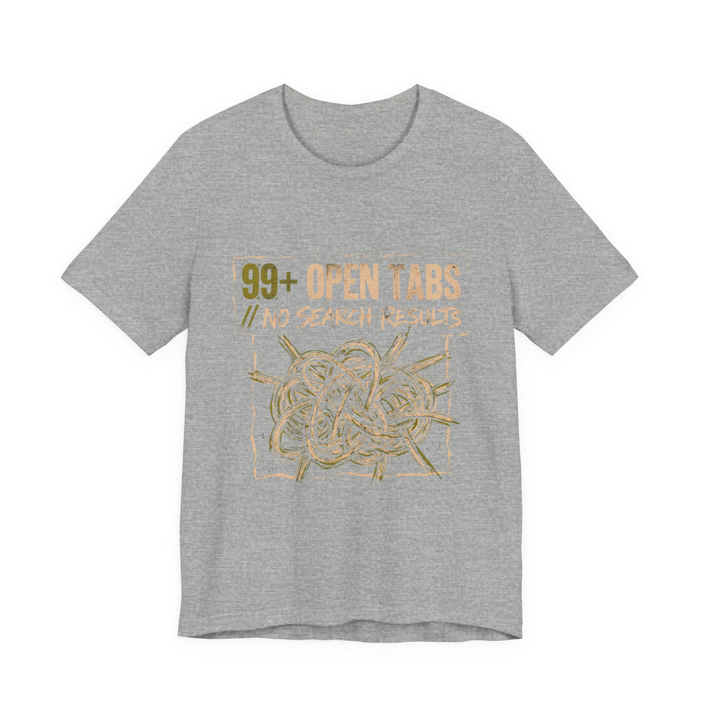 Gray t-shirt with gold graphic and text on a white background