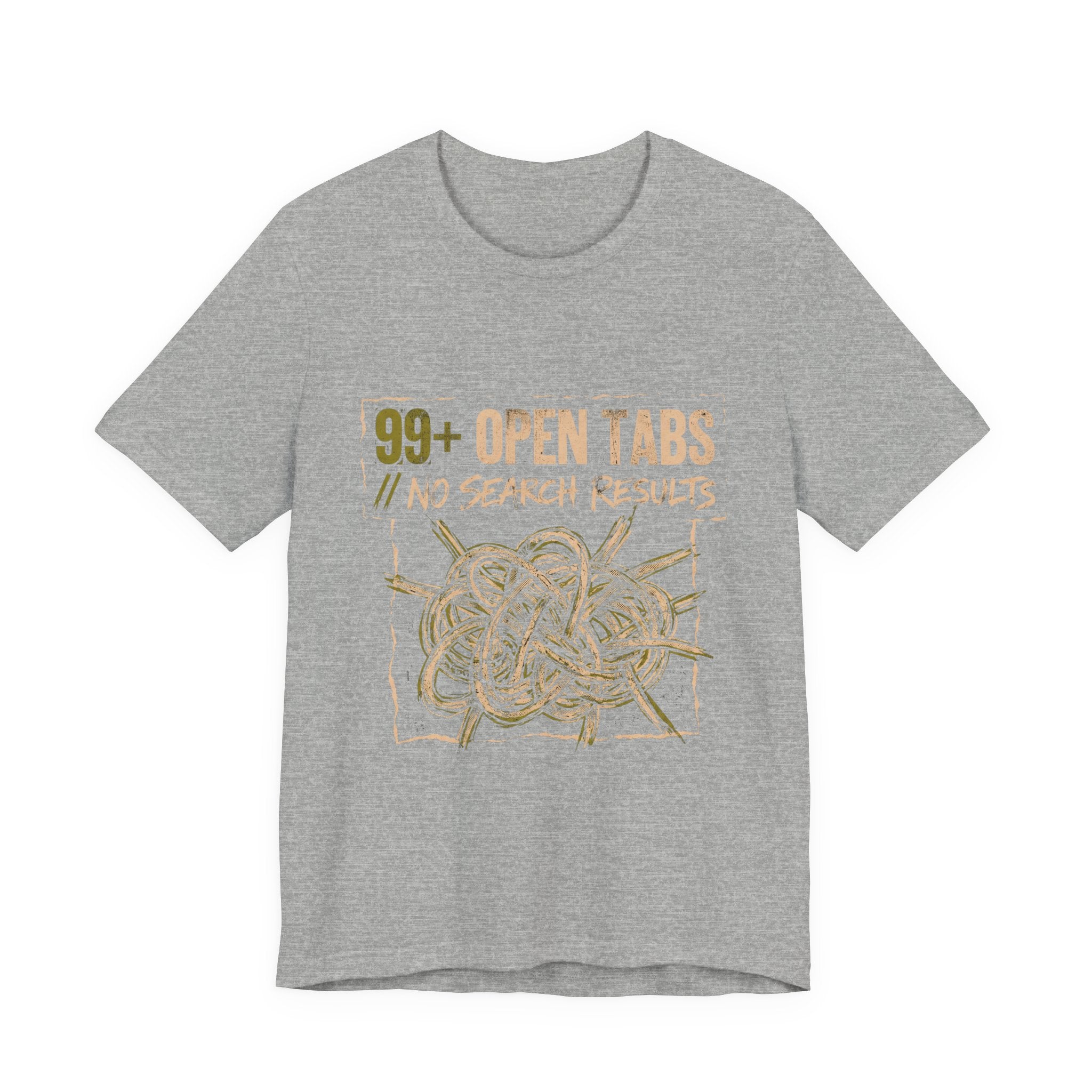 Gray t-shirt with gold graphic and text on a white background